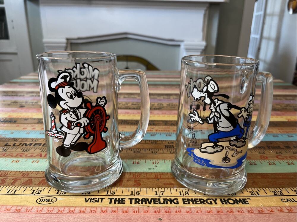 Vtg Mickey Mouse Club Sailor Goofy Deserted Island Handle Glass Mug Disney 2 Lot
